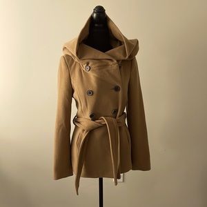 Zara Belted Hooded Coat. Sz S, double-breasted, front pockets. Camel color.
